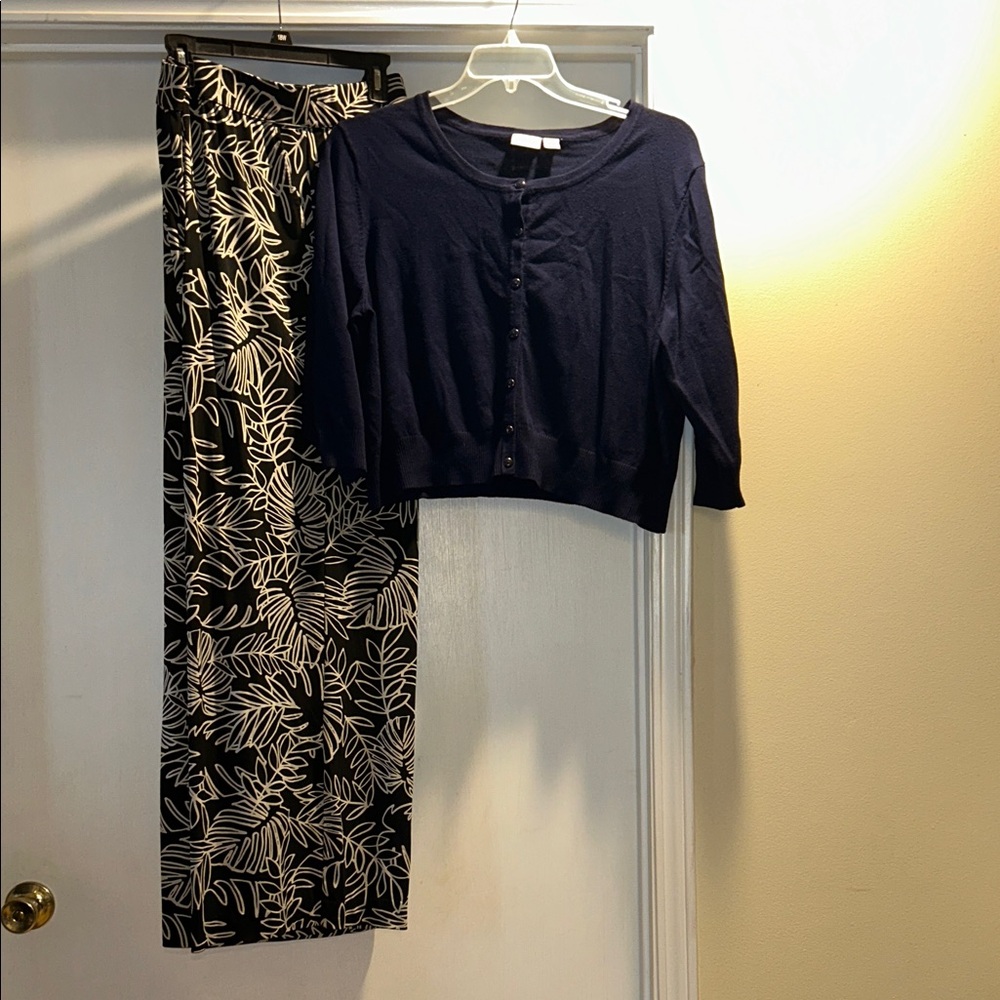 Bundle of 2 Navy Cardigan with Lane Bryant Black and Tan Wide leg Print Pants